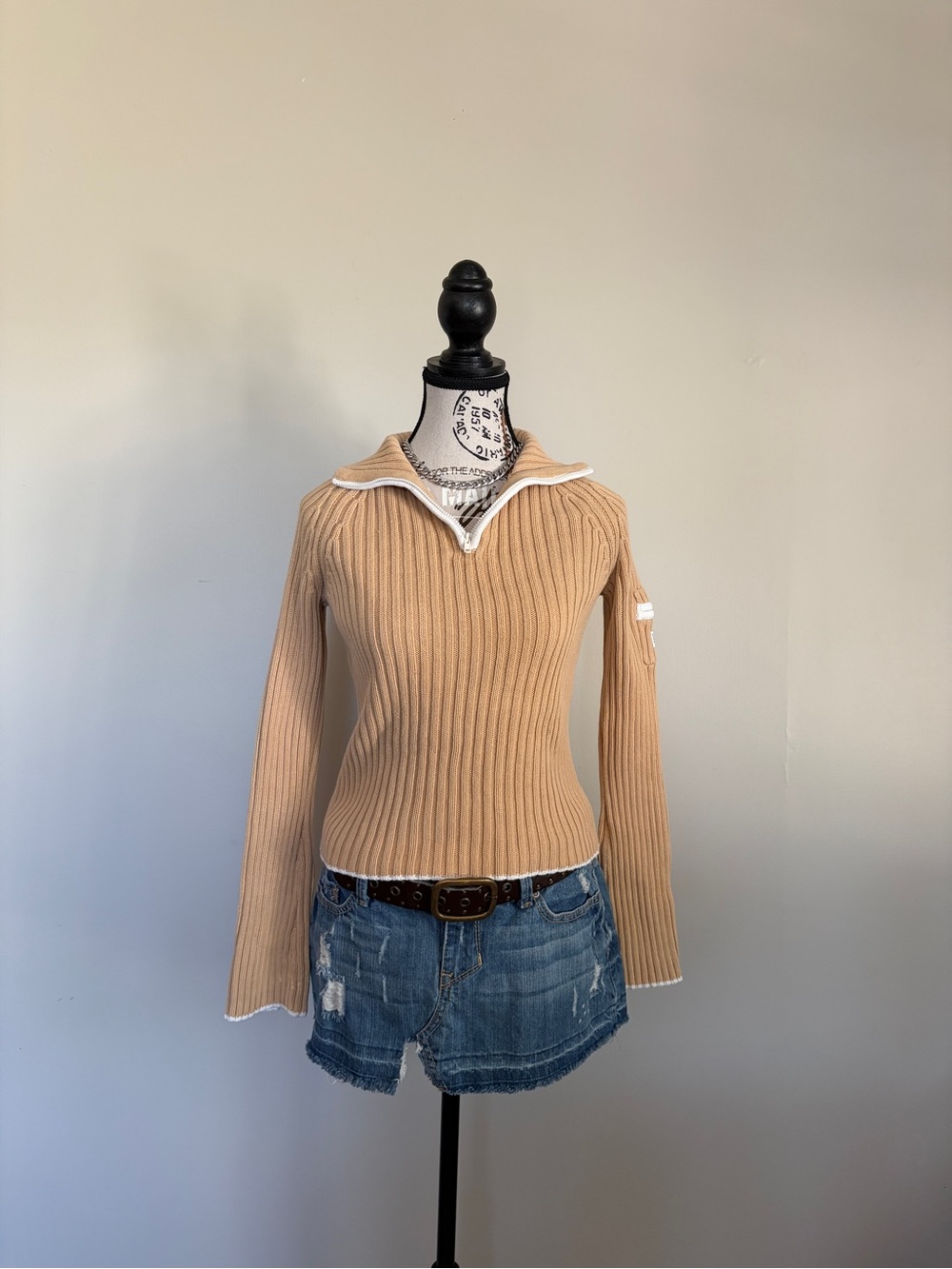 Y2K DKNY Ribbed Knit Quarter Zip Sweater Camel Tan 2000s Preppy